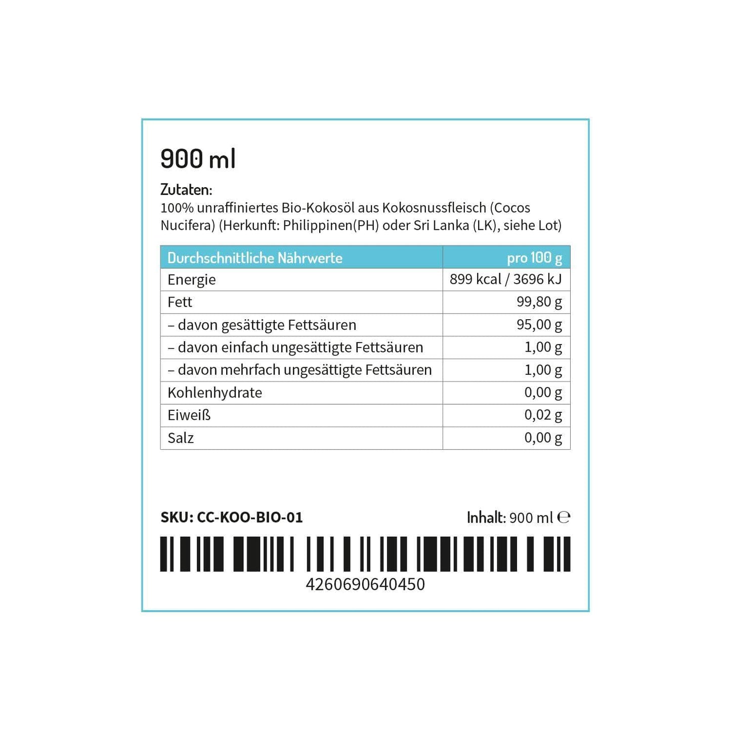 BIO Kokosöl kaltgepresst - 900ml