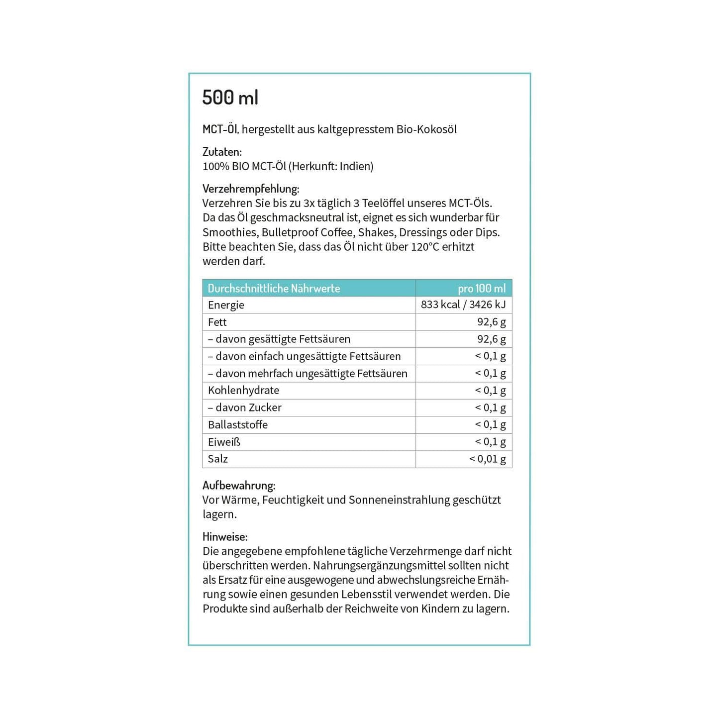 BIO MCT-Öl aus 100% Kokosöl ohne Zusatzstoffe - 500ml