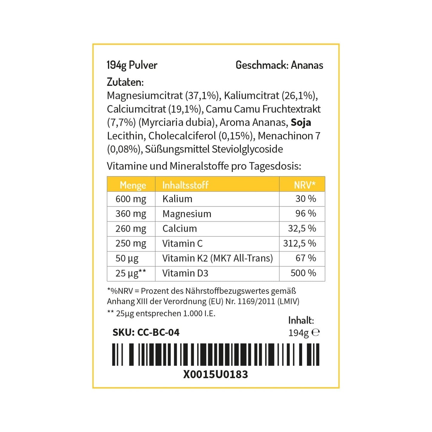 Basencitrat mit natürlichen Vitaminen, Magnesium und Calcium - Geschmack: Ananas Basenpulver