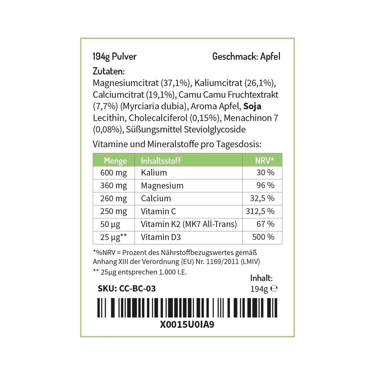 Basencitrat mit natürlichen Vitaminen, Magnesium und Calcium - Geschmack: Apfel Basenpulver