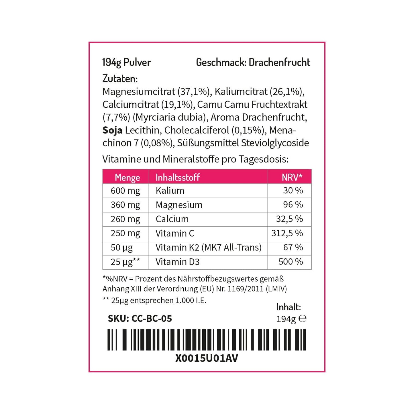 Basencitrat mit natürlichen Vitaminen, Magnesium und Calcium - Geschmack: Drachenfrucht Basenpulver