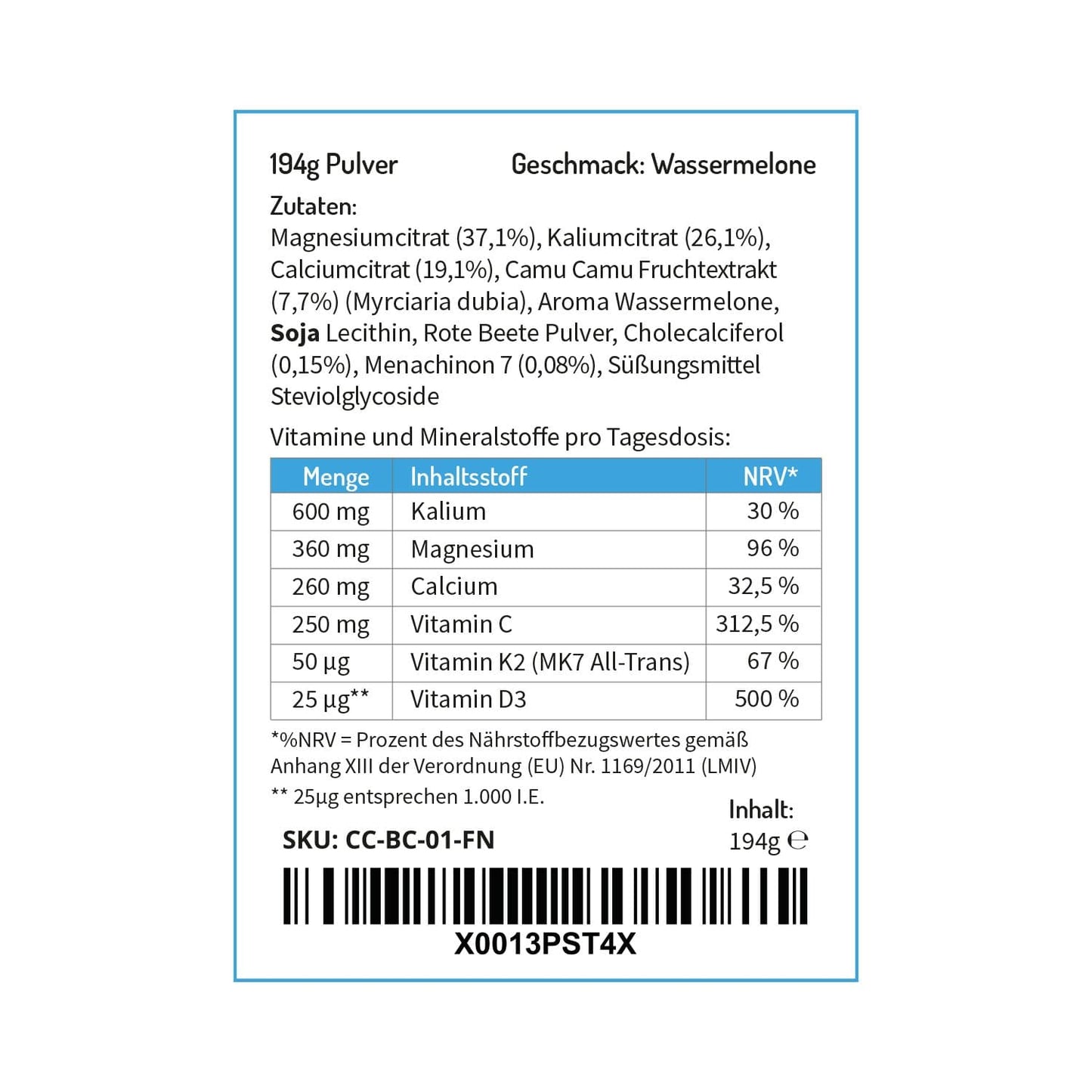 Basencitrat mit natürlichen Vitaminen, Magnesium  und Calcium - Geschmack: Wassermelone Basenpulver